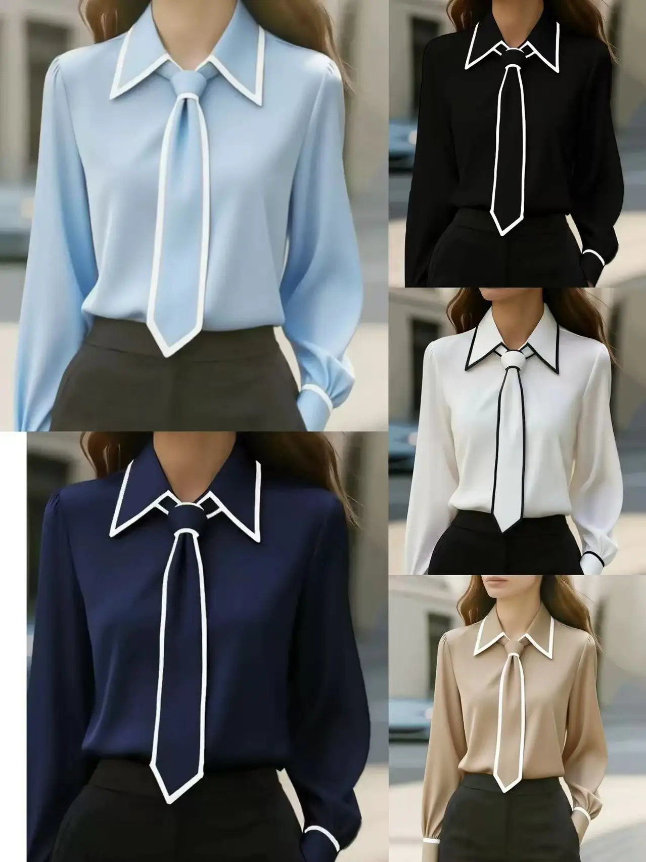Women's fashion tie lapel design casual long-sleeved shirt