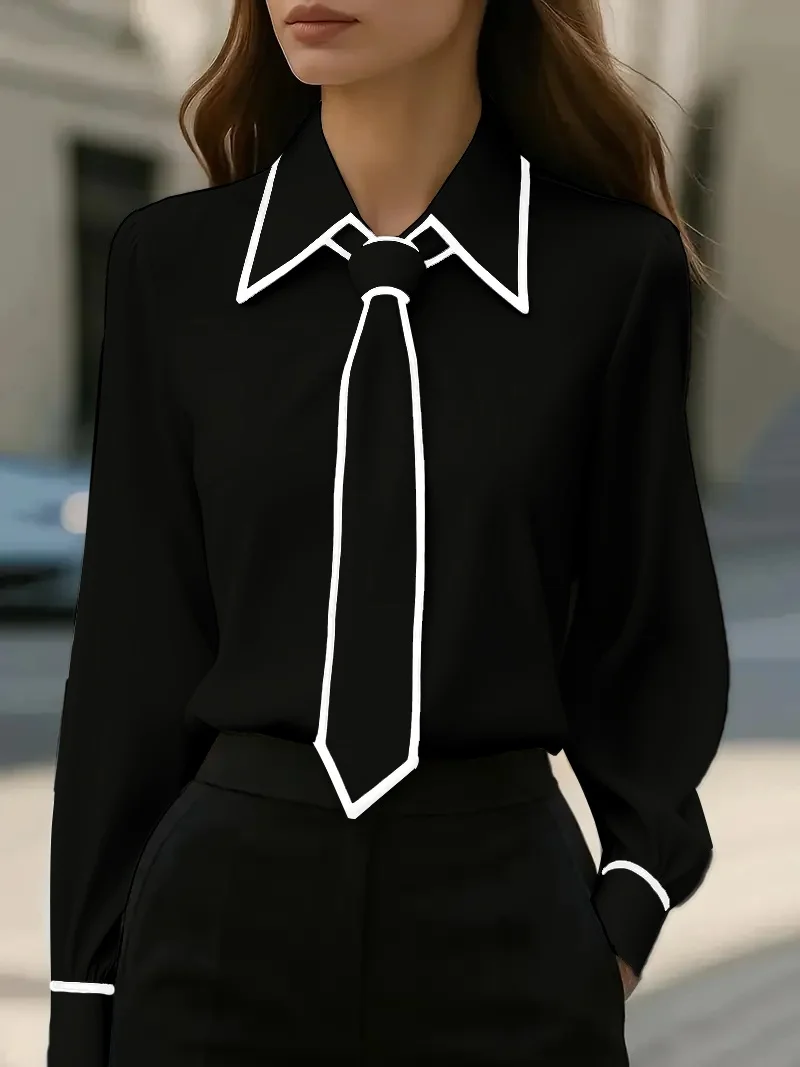 Women's fashion tie lapel design casual long-sleeved shirt