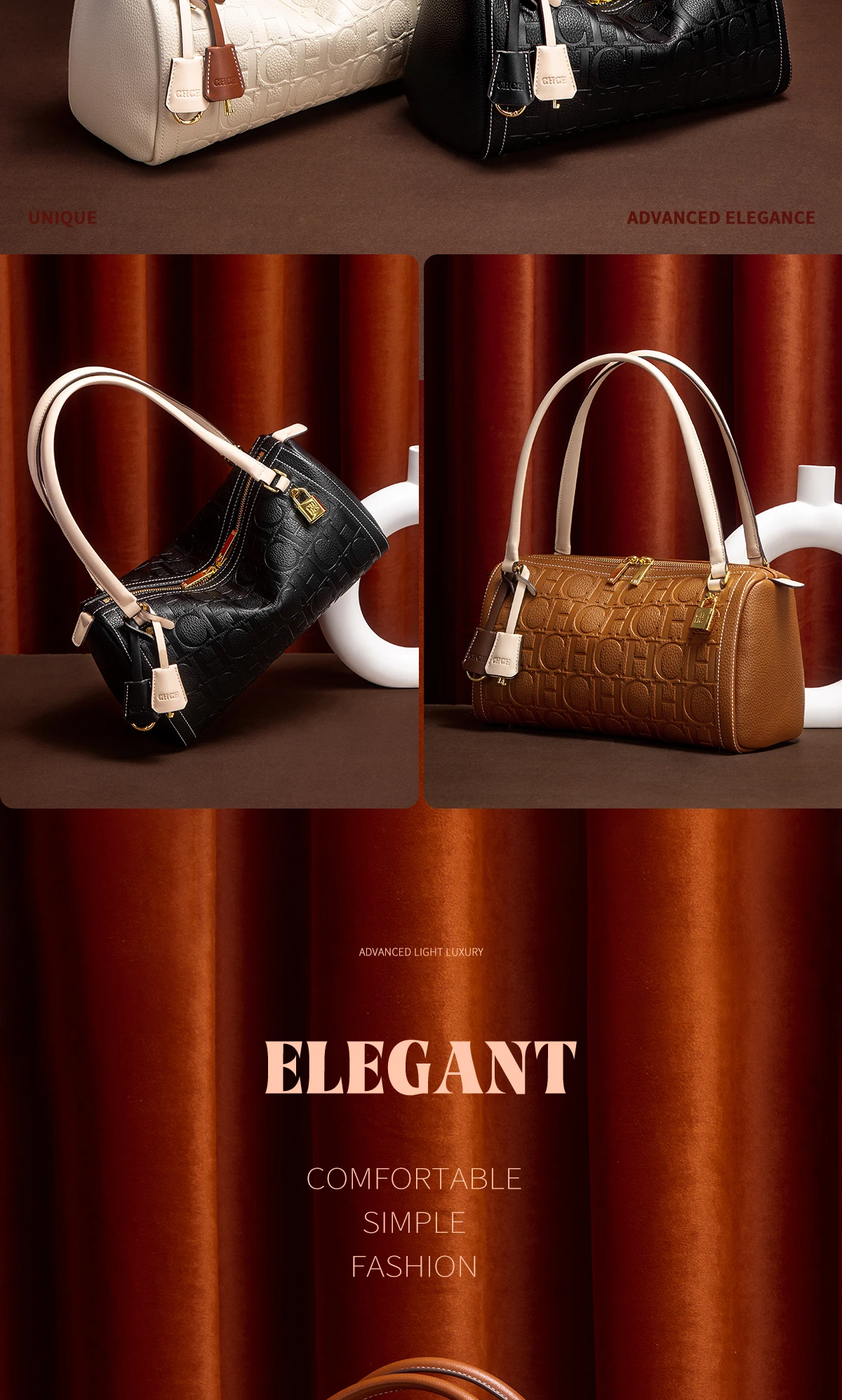 C-H Women's Boston Bag Autumn Winter New Collection Letter Design Texture Shoulder Bags