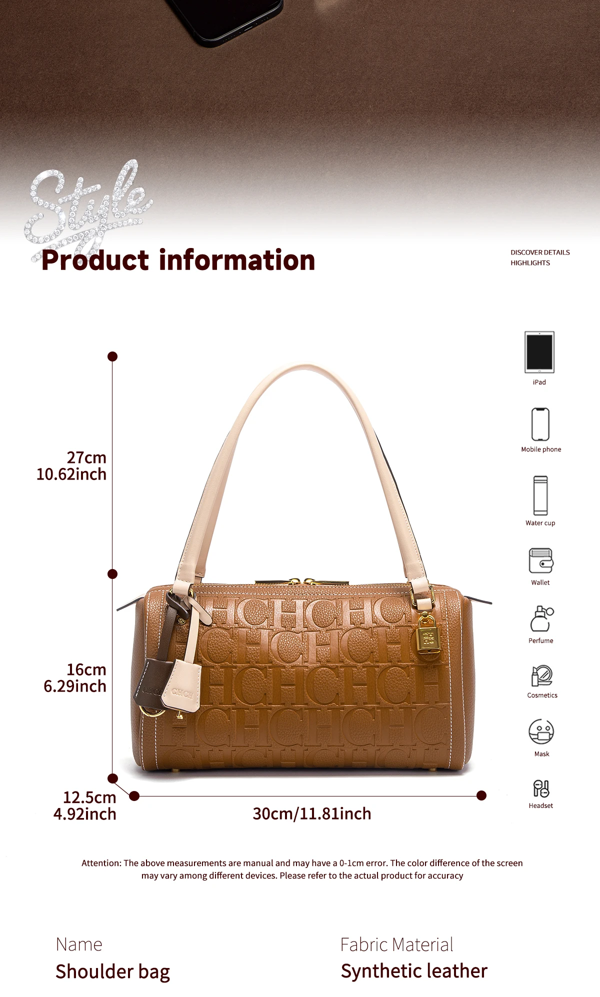 C-H Women's Boston Bag Autumn Winter New Collection Letter Design Texture Shoulder Bags