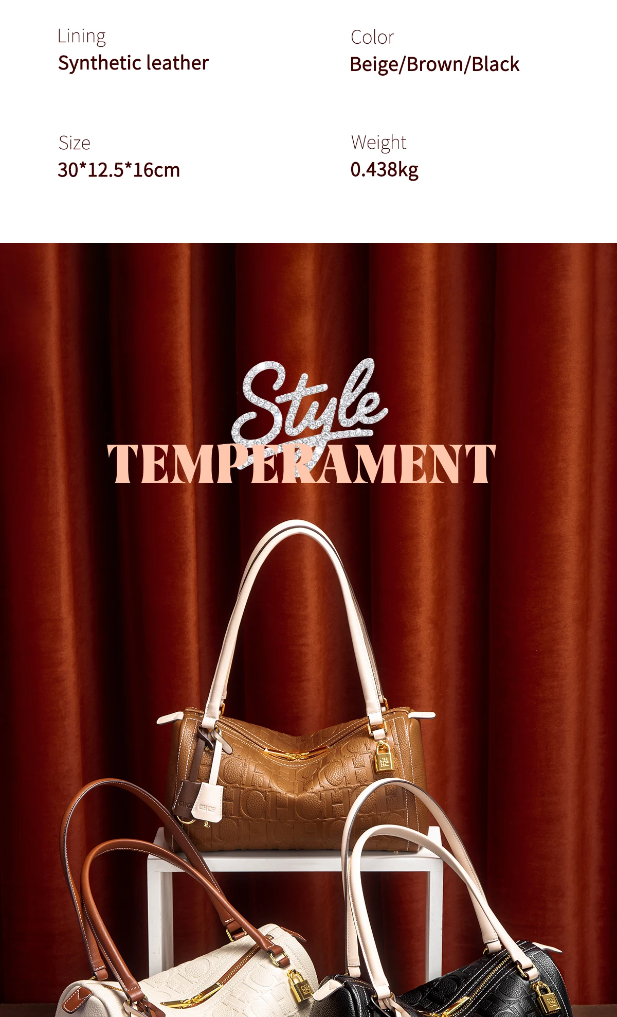 C-H Women's Boston Bag Autumn Winter New Collection Letter Design Texture Shoulder Bags