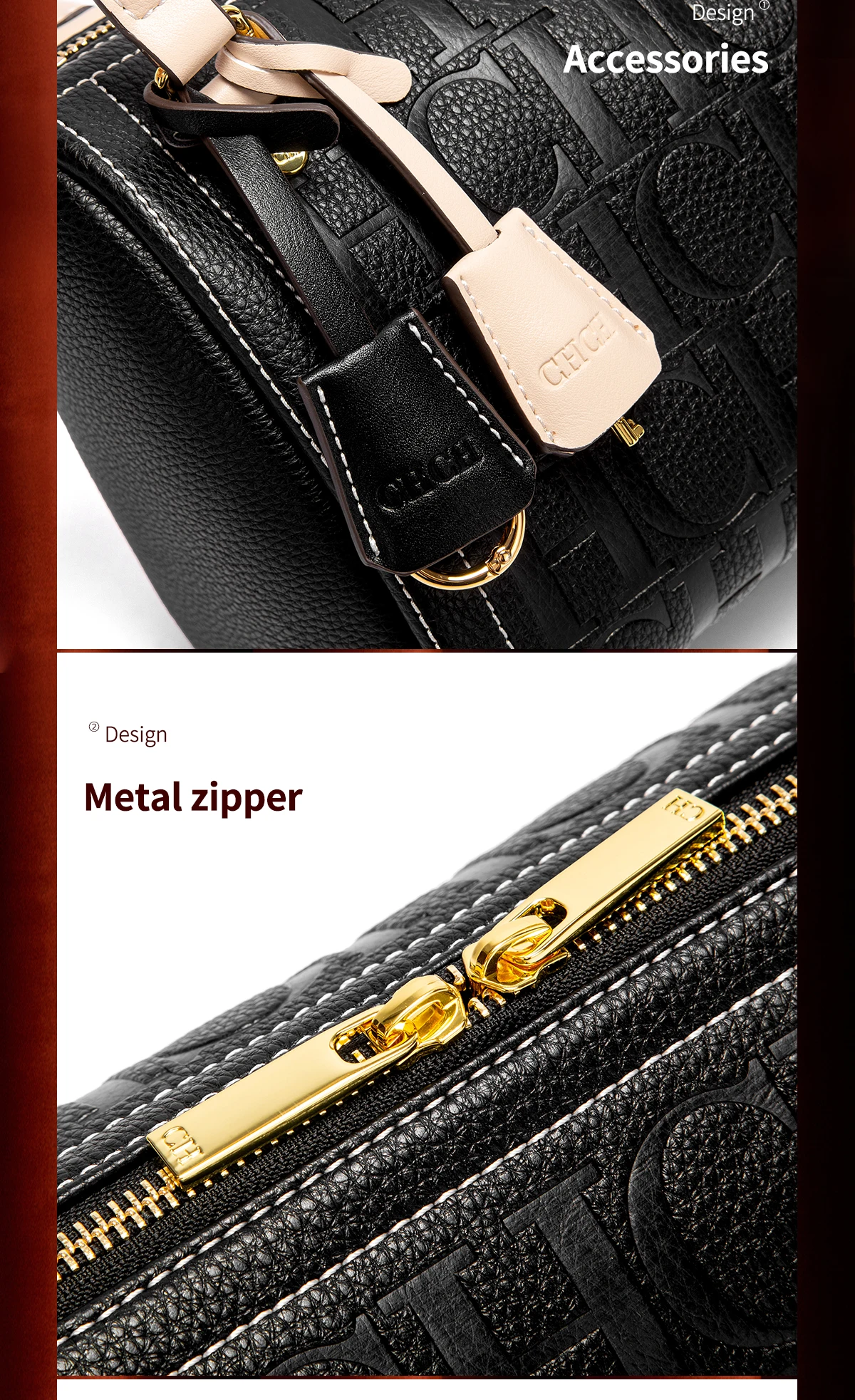 C-H Women's Boston Bag Autumn Winter New Collection Letter Design Texture Shoulder Bags