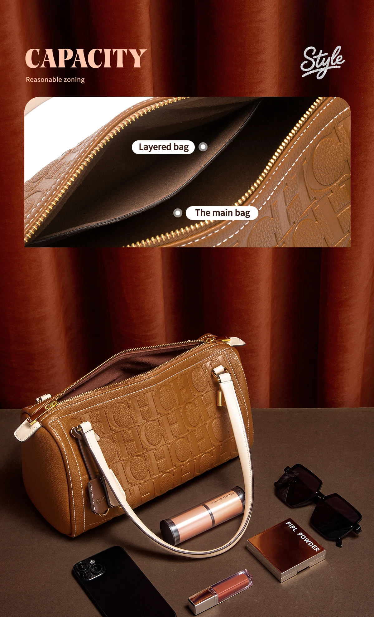 C-H Women's Boston Bag Autumn Winter New Collection Letter Design Texture Shoulder Bags