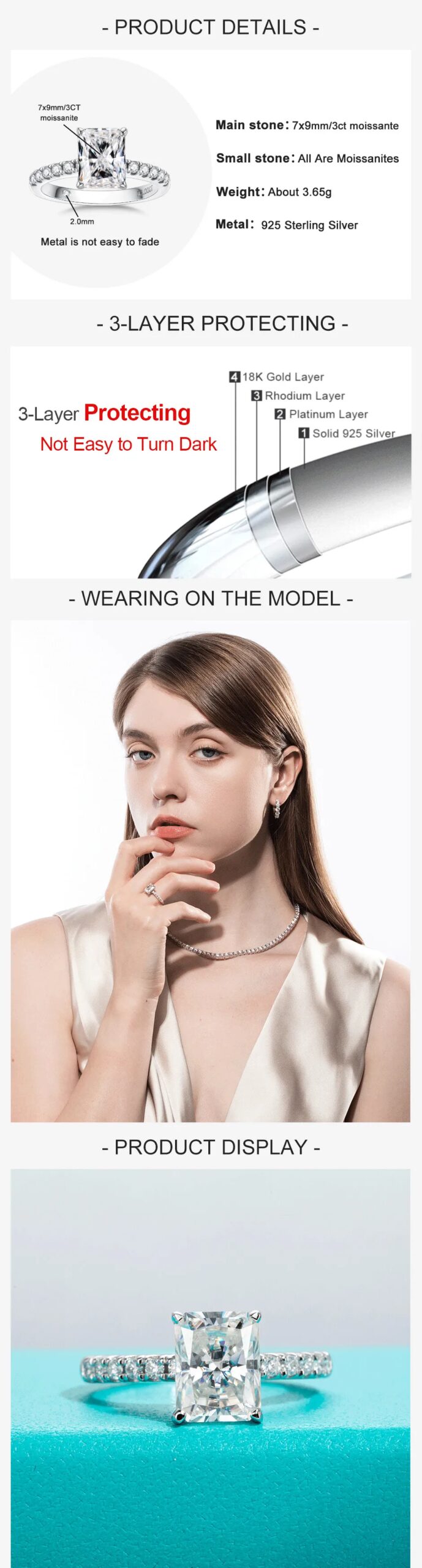 AnuJewel 3ct D Color Radiant Cut Moissanite Engagement Gold Plated 925 Sterling Silver Rings For Woman Customs Jewelry Wholesale