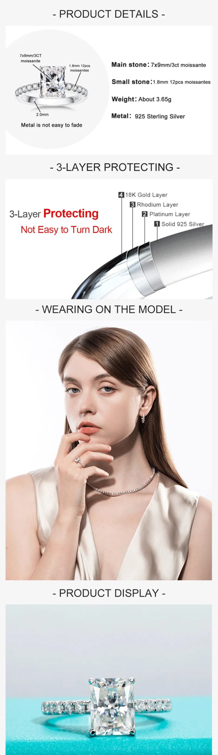 AnuJewel 3ct D Color Radiant Cut Moissanite Engagement Gold Plated 925 Sterling Silver Rings For Woman Customs Jewelry Wholesale