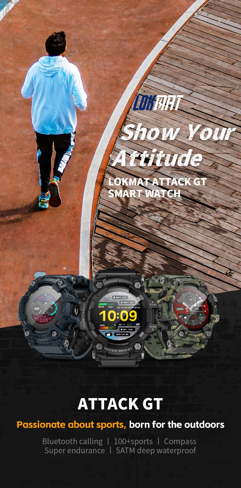 LOKMAT ATTACK-GT Upgrade Sport Smart Watch Waterproof Bluetooth Calls Rugged Smartwatches Flashlight Fitness Tracker for Phone