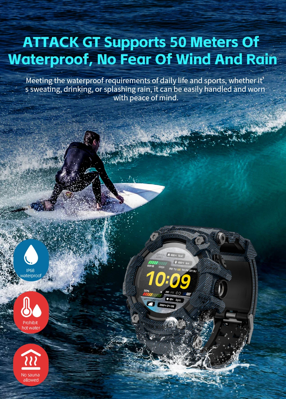 LOKMAT ATTACK-GT Upgrade Sport Smart Watch Waterproof Bluetooth Calls Rugged Smartwatches Flashlight Fitness Tracker for Phone