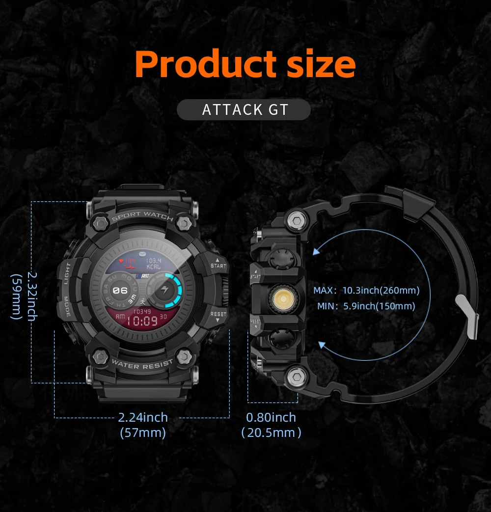 LOKMAT ATTACK-GT Upgrade Sport Smart Watch Waterproof Bluetooth Calls Rugged Smartwatches Flashlight Fitness Tracker for Phone