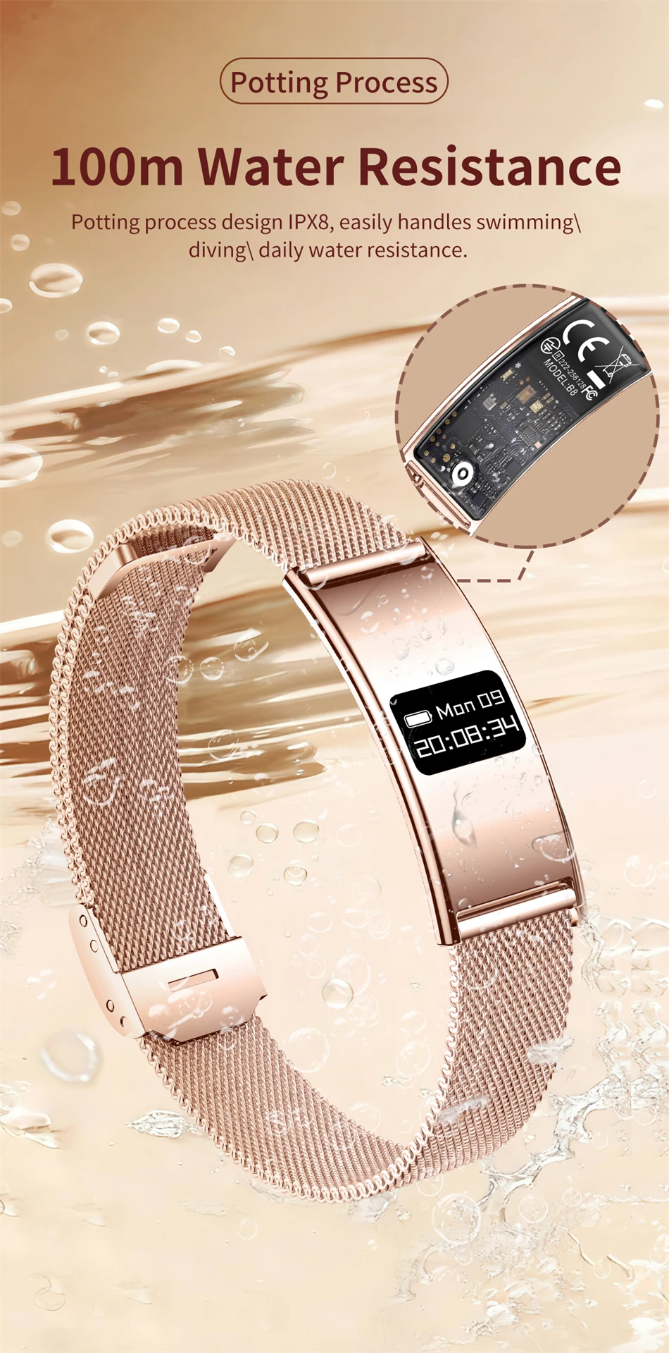 New Fashion Women Smart Bracelet IPX8 Waterproof Heart Rate Sleep Monitor Health Sports Fitness Tracker Call Reminder Smartwatch