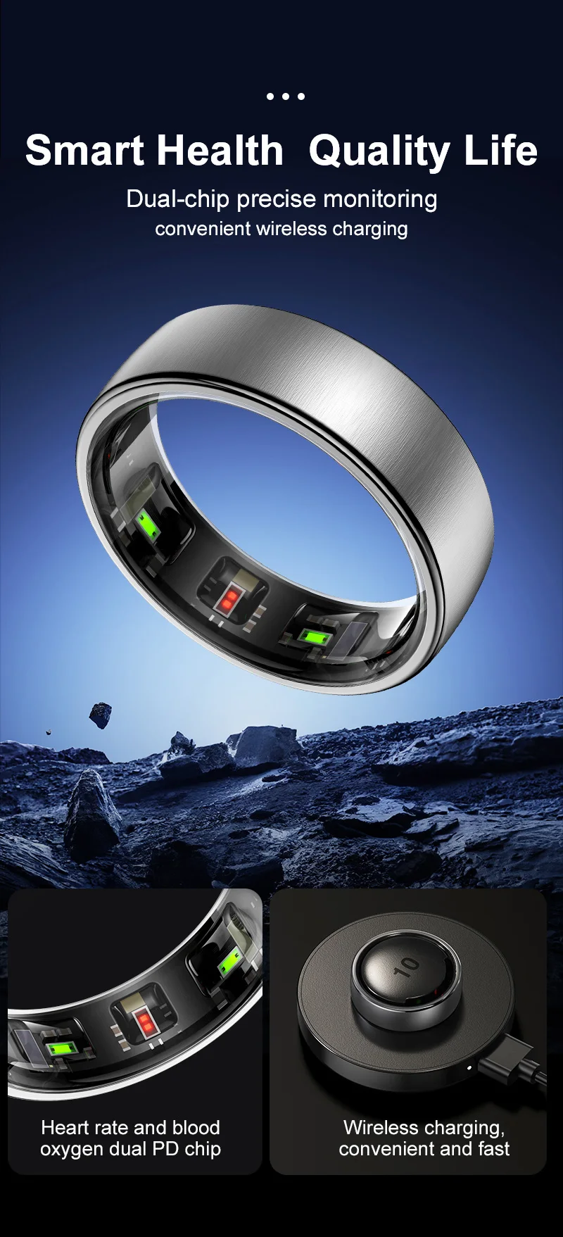 Uhoofit R10 Smart Ring with Charging Dock Men Women Health Sleep Heart Rate Monitoring IP68 & 5ATM Waterproof Multi-sport Mode