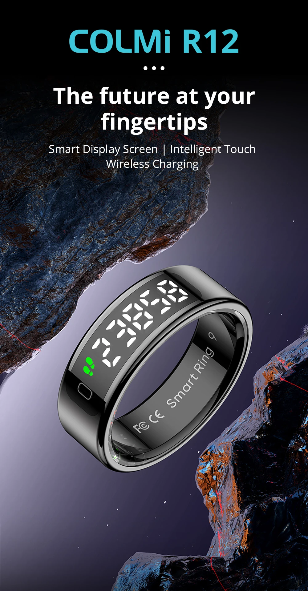 2025 COLMI R12 Smart Ring with Display Screen and Touch, Wireless Charging, Health Manager, 5 ATM Waterproof For Men Women