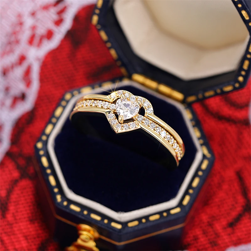 Huitan Romantic Wedding Band Ring Female Love Jewelry Brilliant Heart Zirconia Finger Accessories for Engagement Exquisite Gift