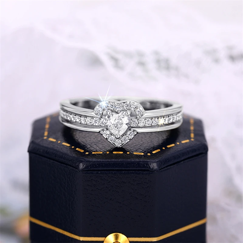Huitan Romantic Wedding Band Ring Female Love Jewelry Brilliant Heart Zirconia Finger Accessories for Engagement Exquisite Gift