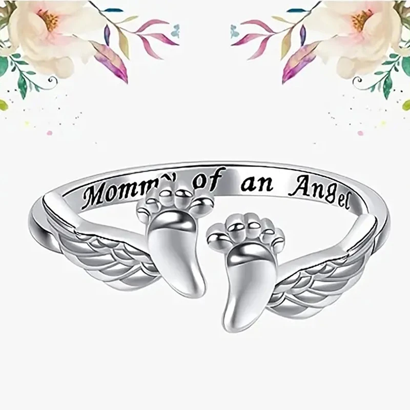 Huitan Aesthetic Mother's Day Gift Rings for Mom Caved Mommy of an Angel Baby Foots Women Rings Creative Design Fashion Jewelry