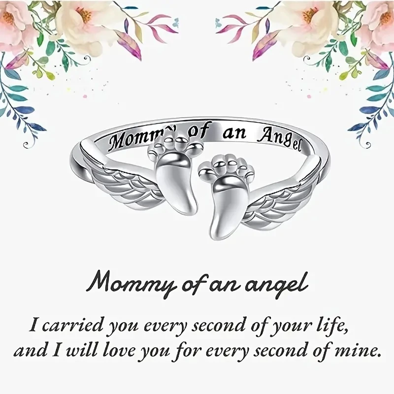 Huitan Aesthetic Mother's Day Gift Rings for Mom Caved Mommy of an Angel Baby Foots Women Rings Creative Design Fashion Jewelry