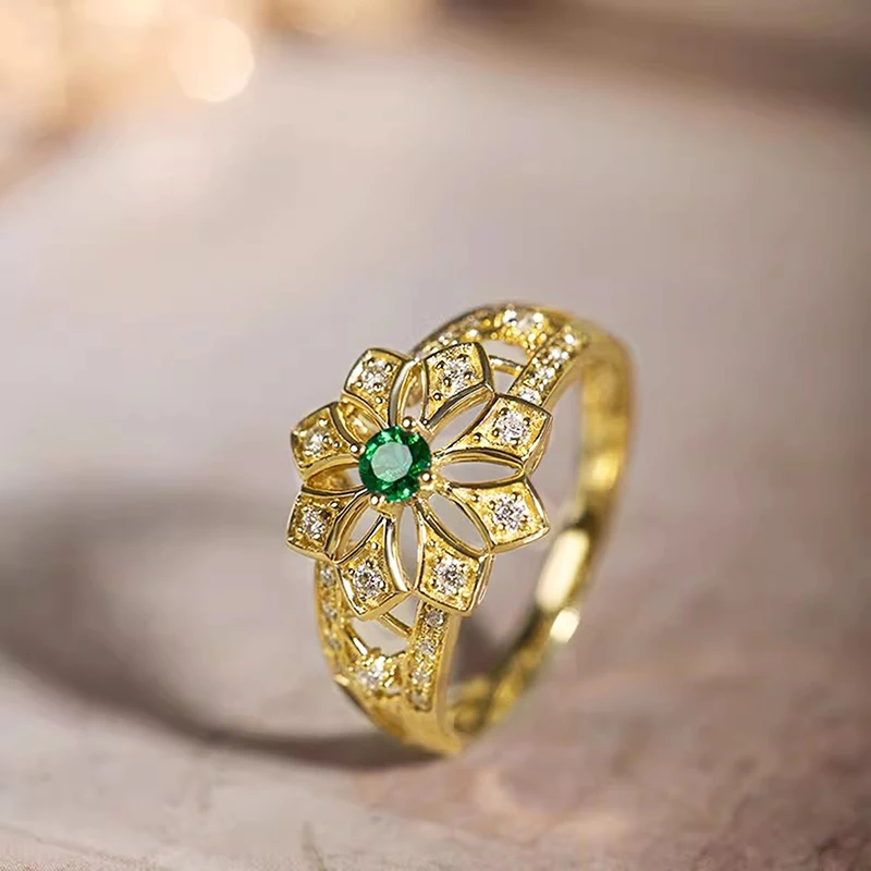 Huitan Aesthetic Flower Rings with Green Cubic Zirconia Gorgeous Women Rings for Wedding Anniversary Gift Luxury Trendy Jewelry