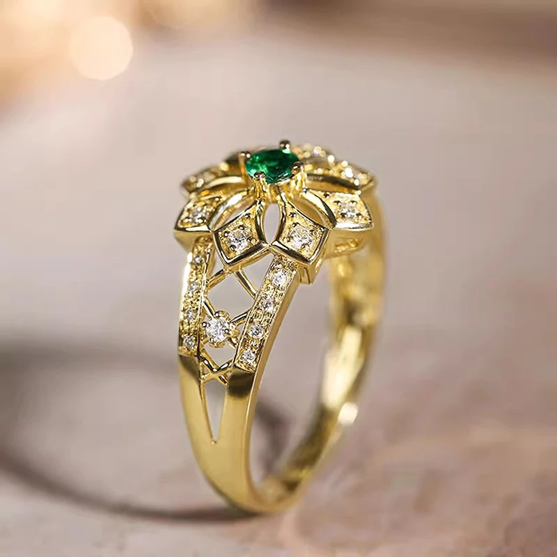 Huitan Aesthetic Flower Rings with Green Cubic Zirconia Gorgeous Women Rings for Wedding Anniversary Gift Luxury Trendy Jewelry