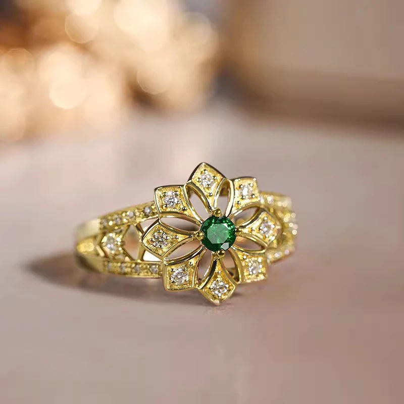 Huitan Aesthetic Flower Rings with Green Cubic Zirconia Gorgeous Women Rings for Wedding Anniversary Gift Luxury Trendy Jewelry