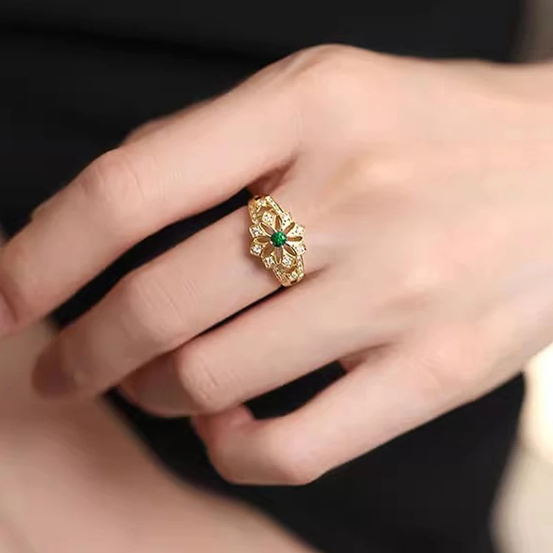 Huitan Aesthetic Flower Rings with Green Cubic Zirconia Gorgeous Women Rings for Wedding Anniversary Gift Luxury Trendy Jewelry