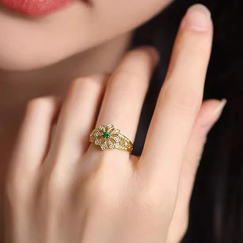 Huitan Aesthetic Flower Rings with Green Cubic Zirconia Gorgeous Women Rings for Wedding Anniversary Gift Luxury Trendy Jewelry