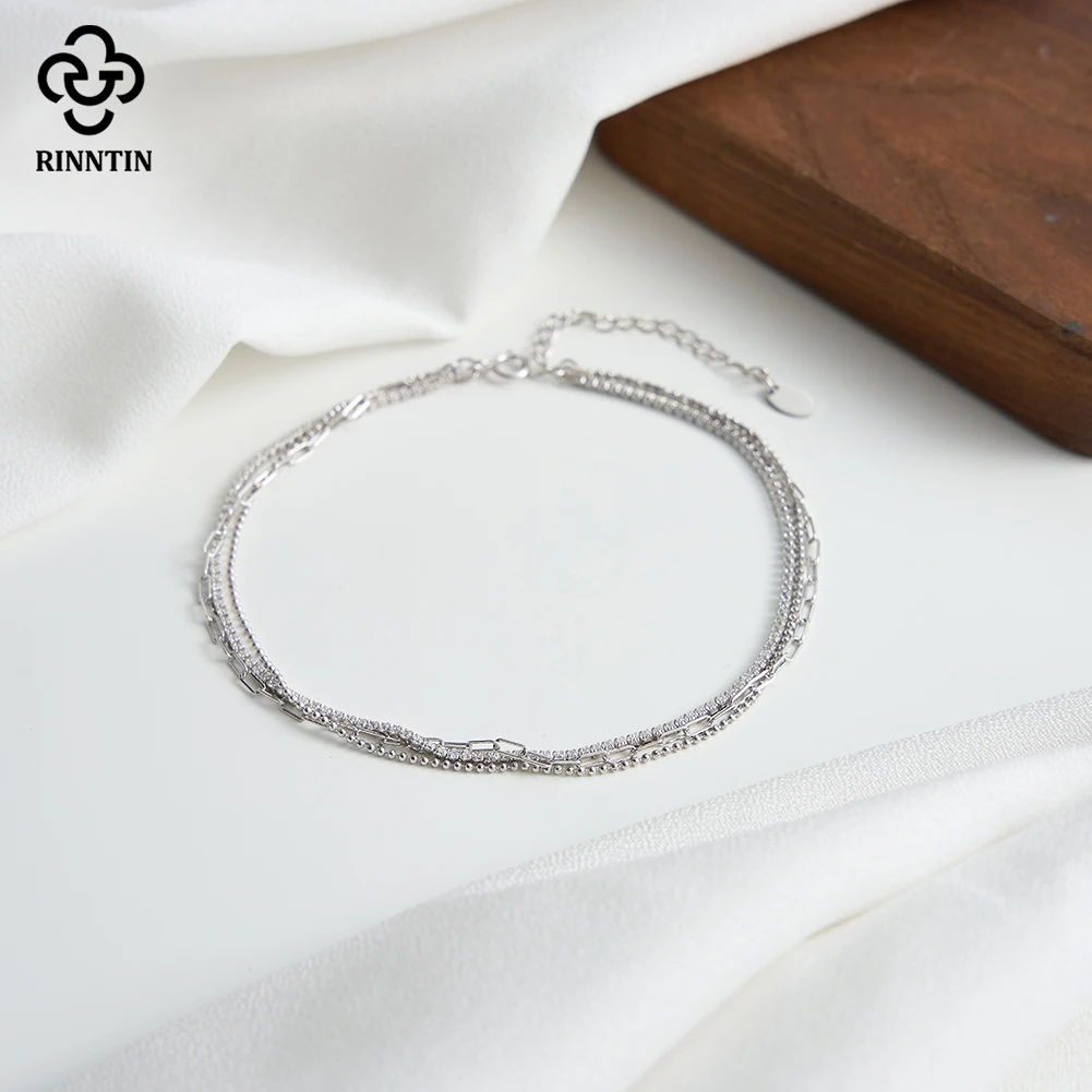 Rinntin 925 Sterling Silver 3 Layered Chain Anklet for Women Girls Summer Sexy Beach Foot Chain Ankle Straps Jewelry SA104