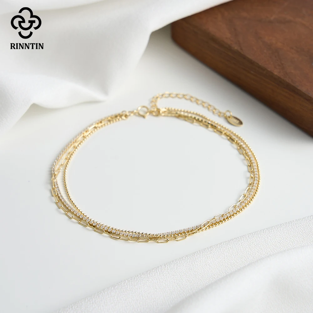 Rinntin 925 Sterling Silver 3 Layered Chain Anklet for Women Girls Summer Sexy Beach Foot Chain Ankle Straps Jewelry SA104