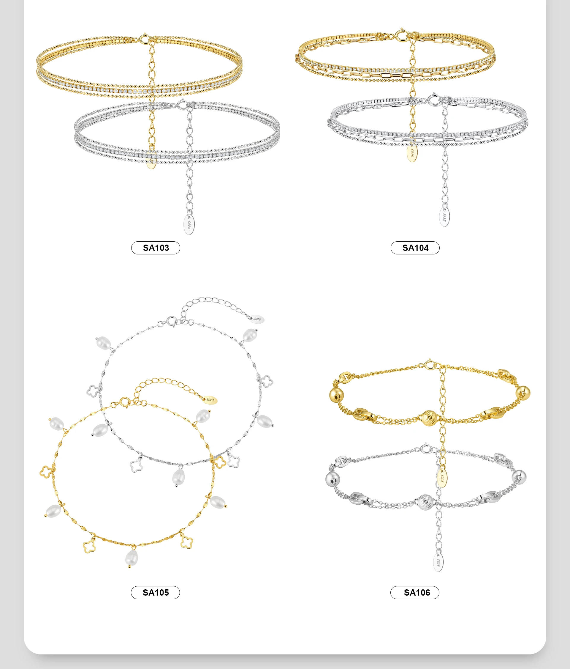 Rinntin 925 Sterling Silver 3 Layered Chain Anklet for Women Girls Summer Sexy Beach Foot Chain Ankle Straps Jewelry SA104