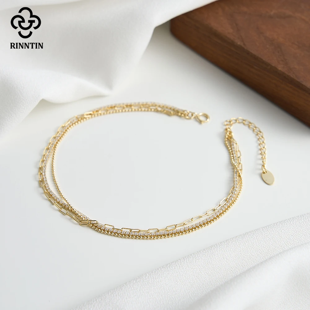 Rinntin 925 Sterling Silver 3 Layered Chain Anklet for Women Girls Summer Sexy Beach Foot Chain Ankle Straps Jewelry SA104