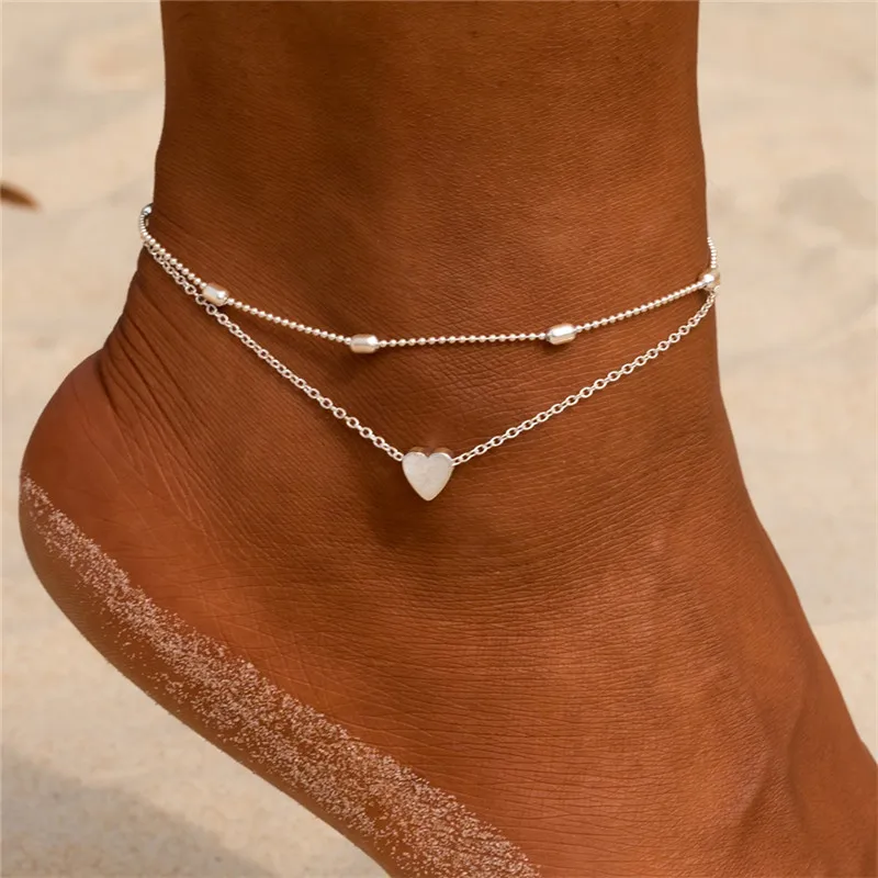 LETAPI Two Layers Chain Heart Style Gold/Silver Color Anklets For Women Bracelets Summer Barefoot Sandals Jewelry On Foot Leg