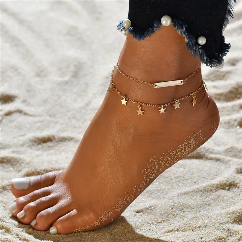 LETAPI Two Layers Chain Heart Style Gold/Silver Color Anklets For Women Bracelets Summer Barefoot Sandals Jewelry On Foot Leg