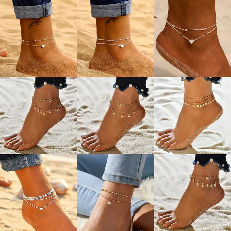 LETAPI Two Layers Chain Heart Style Gold/Silver Color Anklets For Women Bracelets Summer Barefoot Sandals Jewelry On Foot Leg