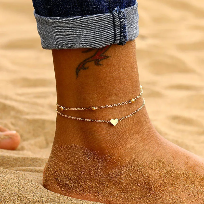 LETAPI Two Layers Chain Heart Style Gold/Silver Color Anklets For Women Bracelets Summer Barefoot Sandals Jewelry On Foot Leg