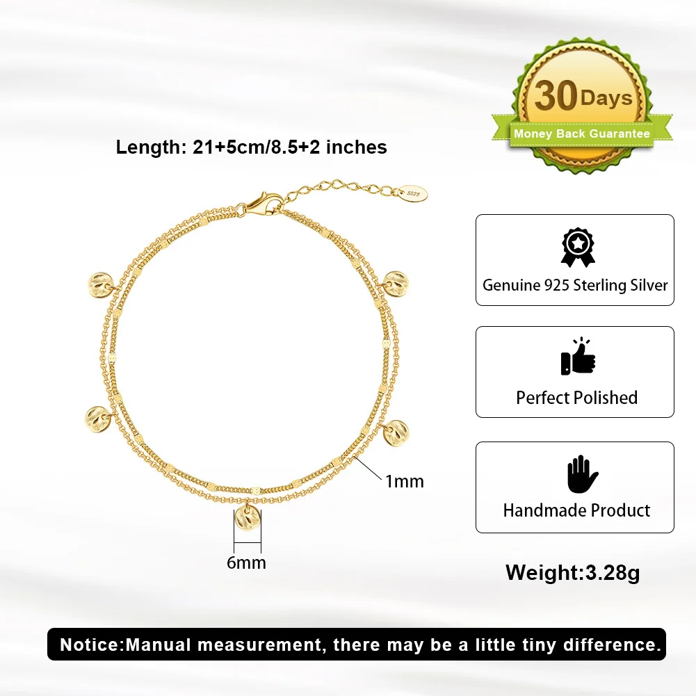Rinntin Genuine 925 Sterling Silver Layered Cuban Chain Anklet with Coin Bead for Women Summer Foot Chain Straps Jewelry SA64