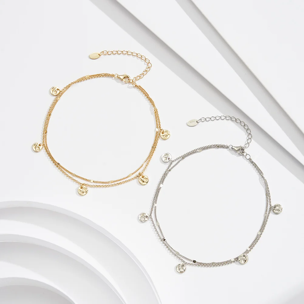 Rinntin Genuine 925 Sterling Silver Layered Cuban Chain Anklet with Coin Bead for Women Summer Foot Chain Straps Jewelry SA64