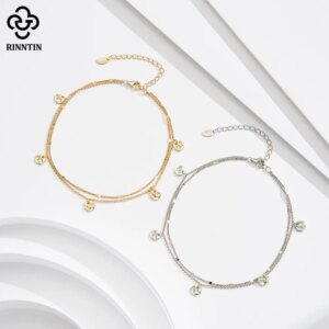 Rinntin Genuine 925 Sterling Silver Layered Cuban Chain Anklet with Coin Bead for Women Summer Foot Chain Straps Jewelry SA64