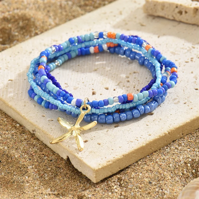Bohemia Multilayer Rice Bead Anklet Set for Women Fashion Starfish Pendant Anklets Summer Sandy Beach Ankle Chain On Leg Jewelry