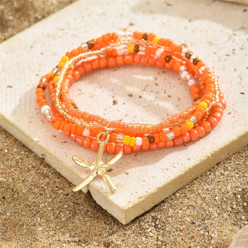 Bohemia Multilayer Rice Bead Anklet Set for Women Fashion Starfish Pendant Anklets Summer Sandy Beach Ankle Chain On Leg Jewelry