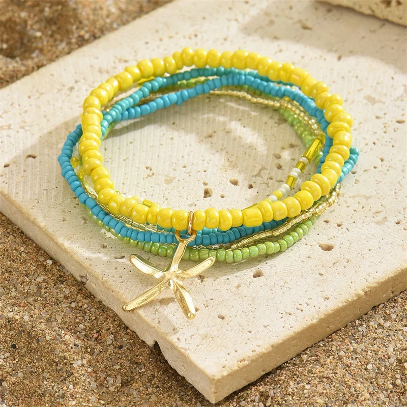 Bohemia Multilayer Rice Bead Anklet Set for Women Fashion Starfish Pendant Anklets Summer Sandy Beach Ankle Chain On Leg Jewelry