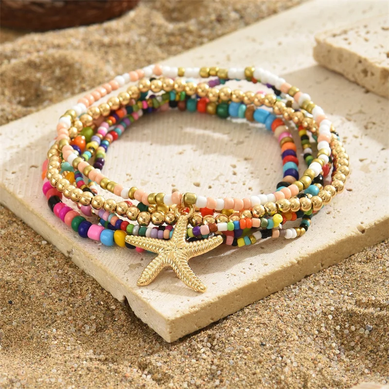 Bohemia Multilayer Rice Bead Anklet Set for Women Fashion Starfish Pendant Anklets Summer Sandy Beach Ankle Chain On Leg Jewelry
