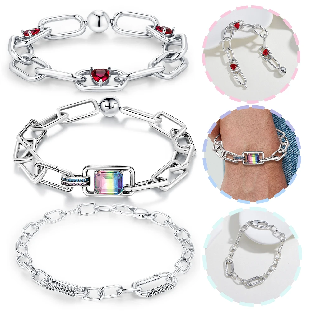 New 925 Sterling Silver Bracelet Red Heart Rainbow Gem Me Bracelet For Woman Lovers Charms Jewelry DIY Making Gifts Holiday Fine