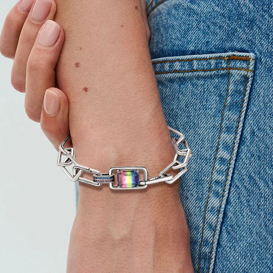 New 925 Sterling Silver Bracelet Red Heart Rainbow Gem Me Bracelet For Woman Lovers Charms Jewelry DIY Making Gifts Holiday Fine