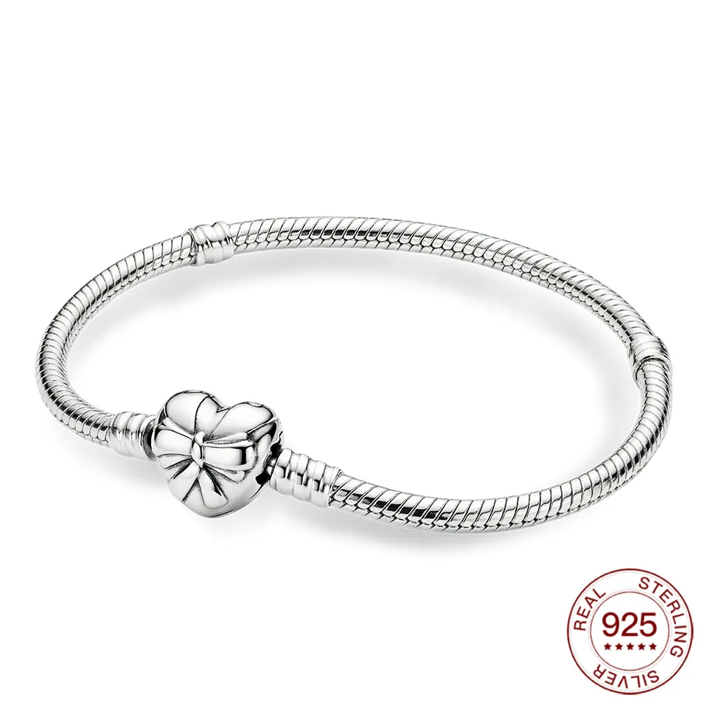 925 Sterling Silver Snake Chain Heart Bracelet Fit Original Charm Beads Classic Snake Chain Bangle For Women DIY Jewelry Gifts